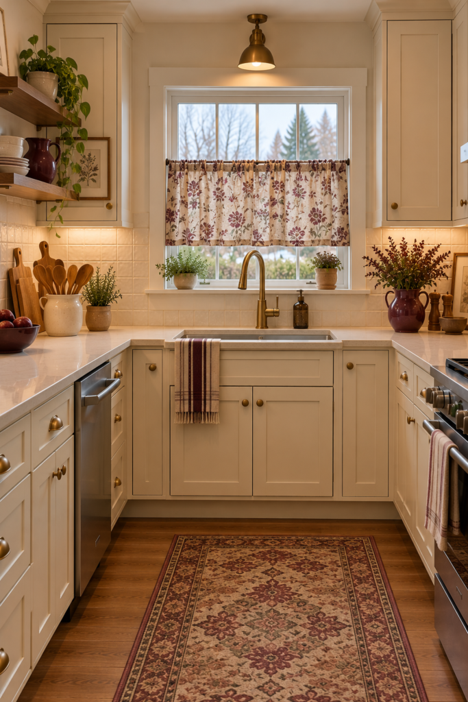 Vintage-inspired floral kitchen curtain in muted burgundy, olive, and warm brown above the sink.