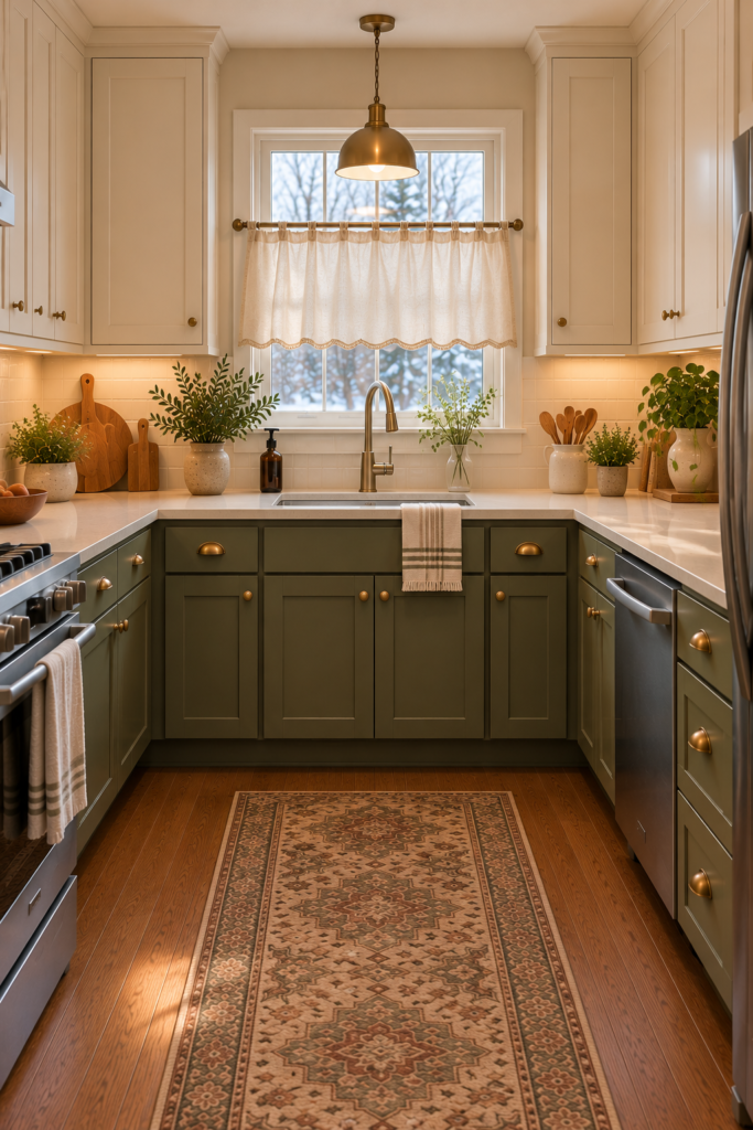 Cottage kitchen window with a plain warm-cream café curtain featuring a scalloped lower edge.