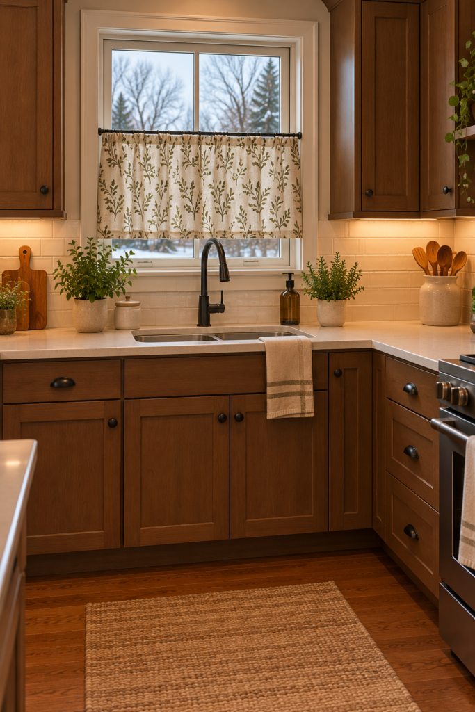 Kitchen sink window with a small olive botanical-print curtain on a warm cream background.