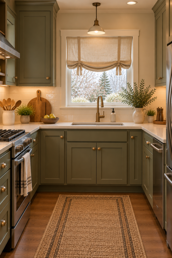 Kitchen window with a relaxed warm-cream tie-up shade above a practical sink area.