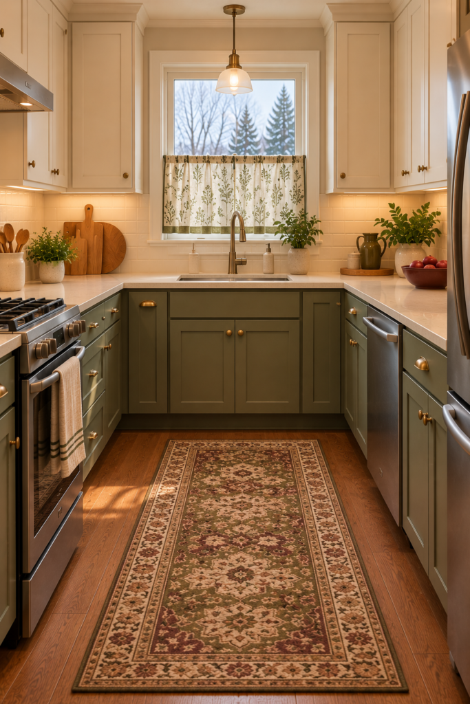 Kitchen window with a cream-and-olive curtain coordinated with an understated kitchen floor runner.
