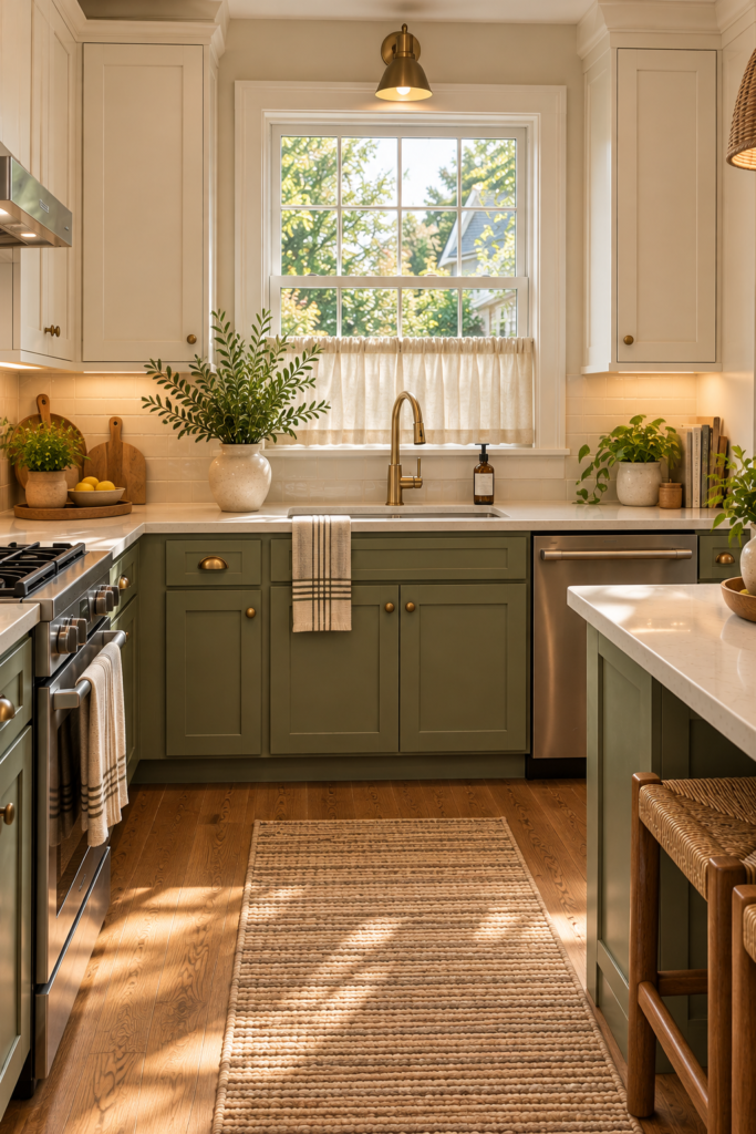Minimal warm-cream café curtain framing a kitchen window with a garden view.