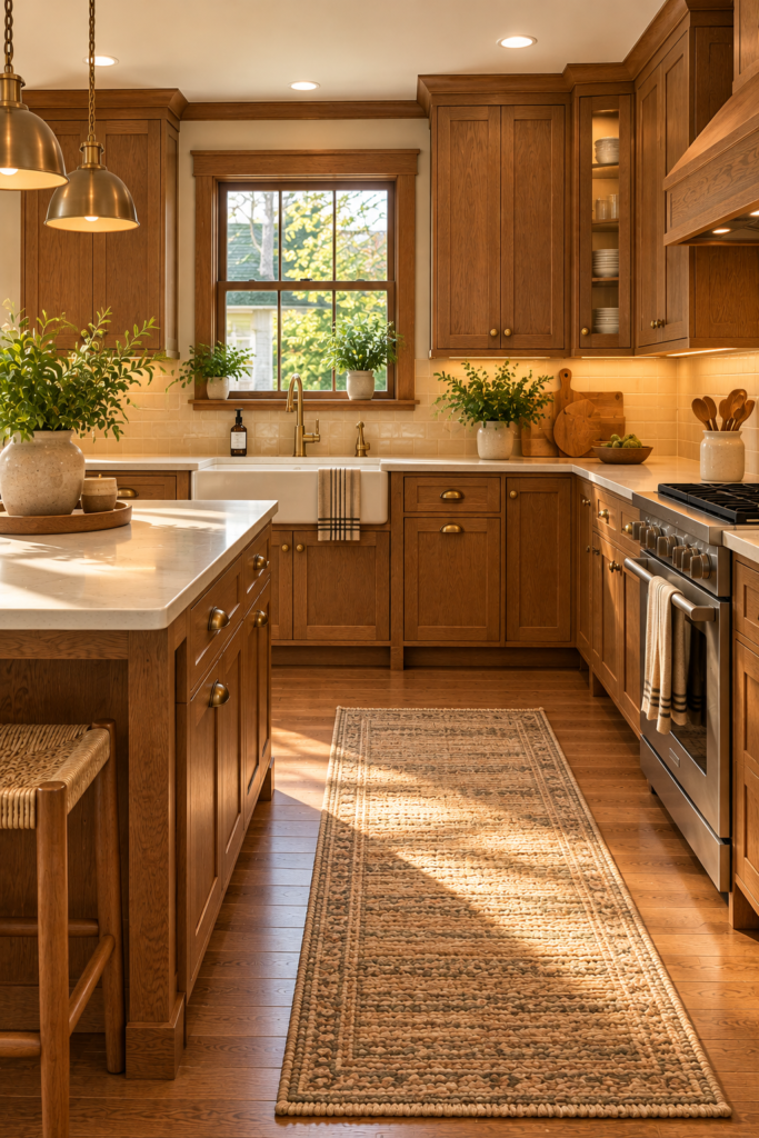 Craftsman kitchen with warm oak cabinetry, visible wood grain, and simple recessed-panel cabinet doors.