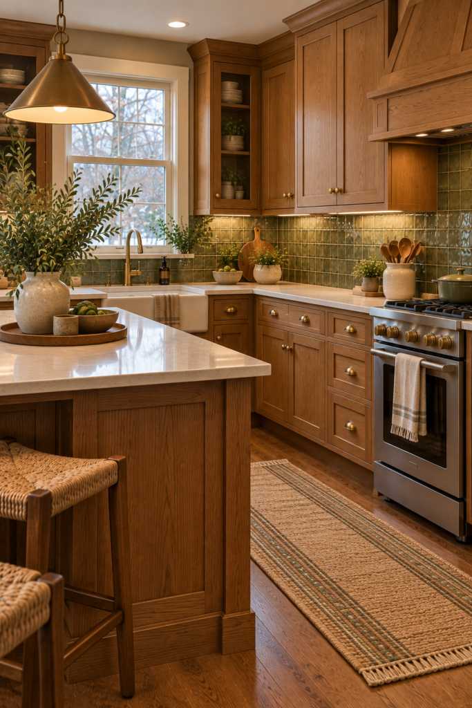 Craftsman kitchen with handmade-look ceramic backsplash tile in a muted earthy color.