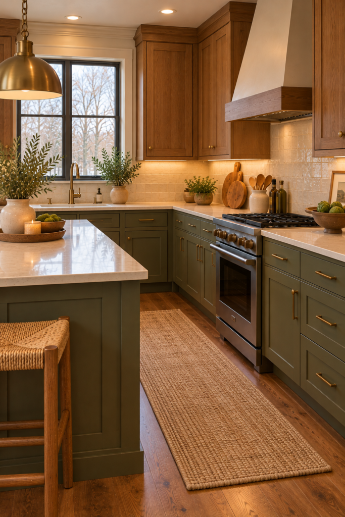 Craftsman kitchen with muted olive lower cabinets, natural oak upper cabinets, and warm cream accents.