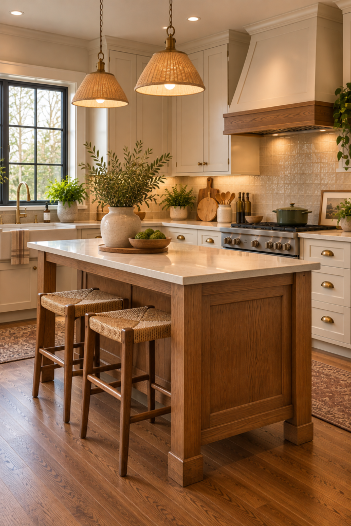 Craftsman kitchen with furniture-style oak island, framed end panels, and a simple countertop.