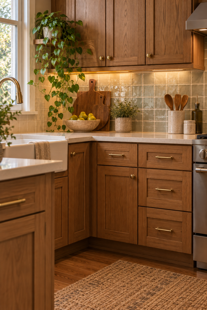 Warm oak kitchen cabinets with aged-brass-style knobs, pulls, and coordinating traditional hardware.