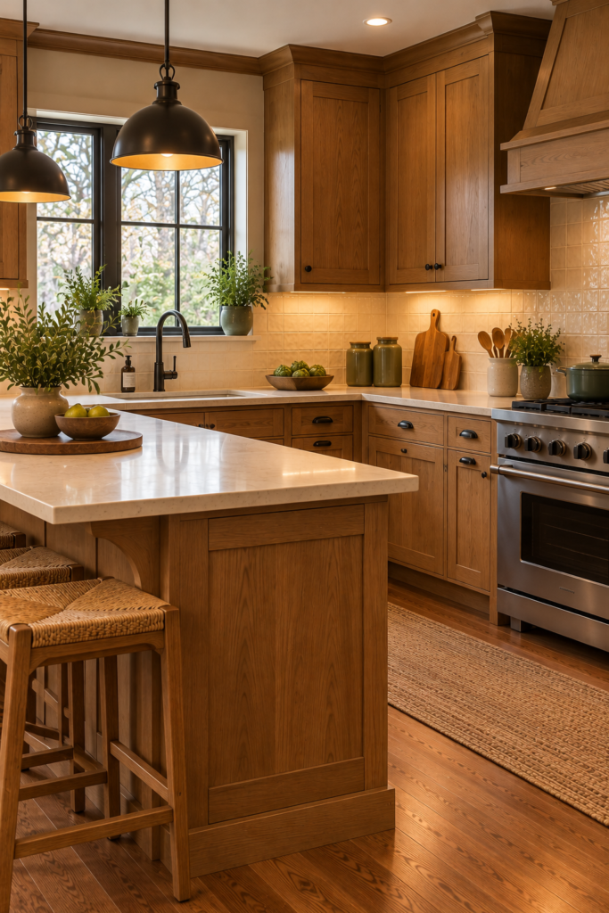 Craftsman kitchen with matte-black cabinet hardware contrasting against natural oak cabinetry.