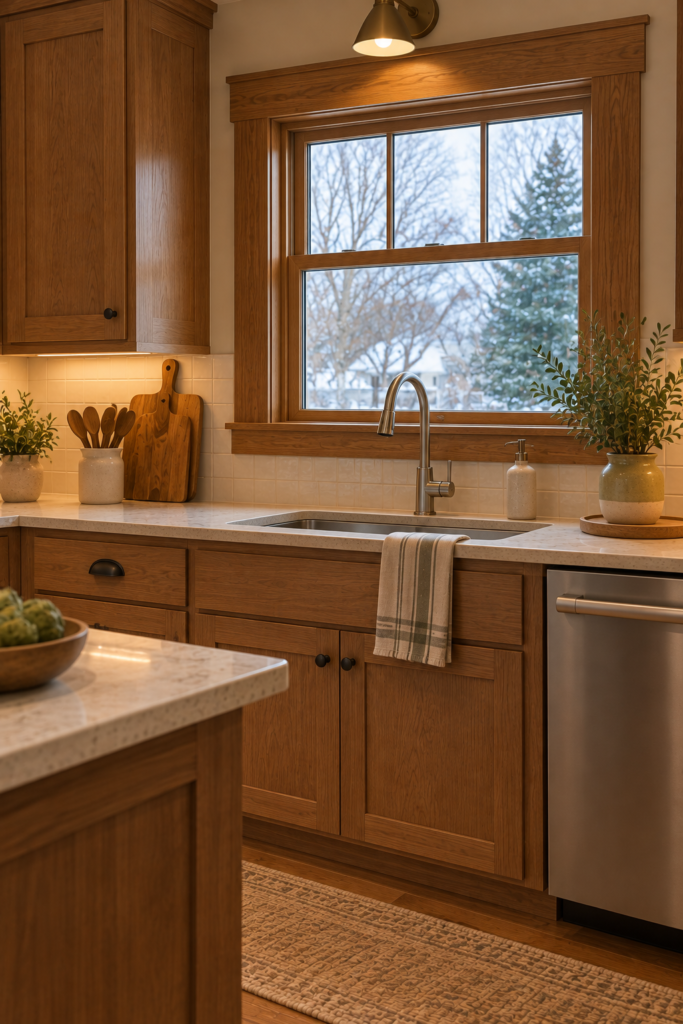 Craftsman kitchen window with stained oak casing, coordinated wood cabinets, and a stainless-steel sink.