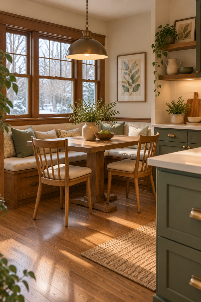 Craftsman breakfast nook with a wood table, built-in bench, and neutral upholstered cushions.