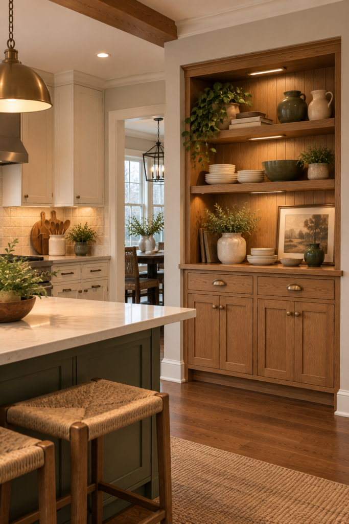 Built-in oak kitchen hutch with closed lower cabinets and open display shelves for everyday dishes.