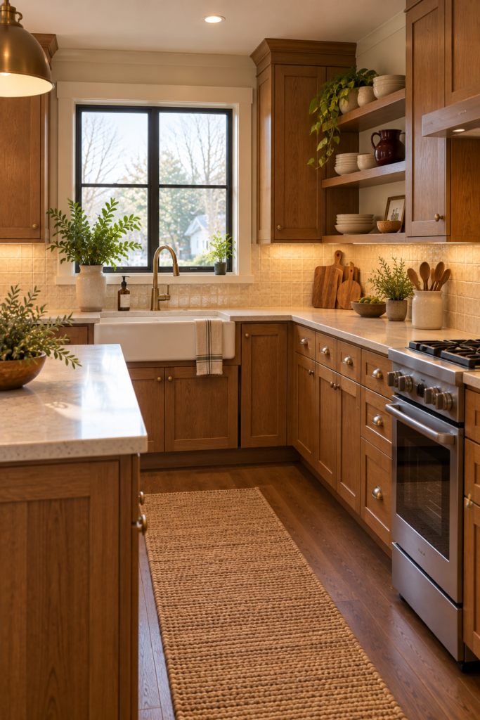 Craftsman kitchen with warm beige stone-look countertops and natural wood cabinetry.