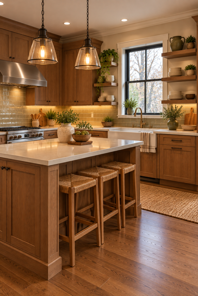 Craftsman kitchen with simple dark-metal pendant lights and warm glass shades above a work area.