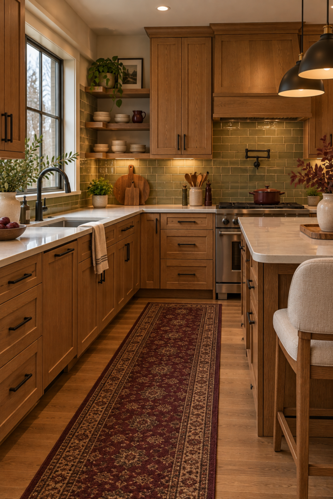 Craftsman kitchen palette combining medium oak, warm cream, muted olive, mushroom taupe, and dark accents.