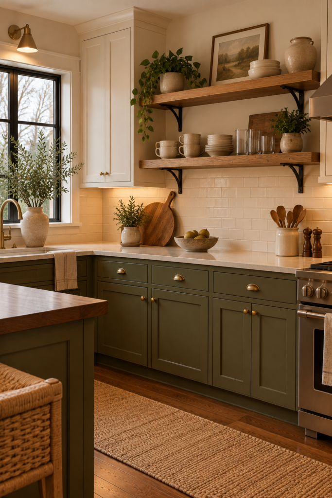 Craftsman kitchen with substantial wood open shelves, visible brackets, and neatly arranged ceramic dishes.