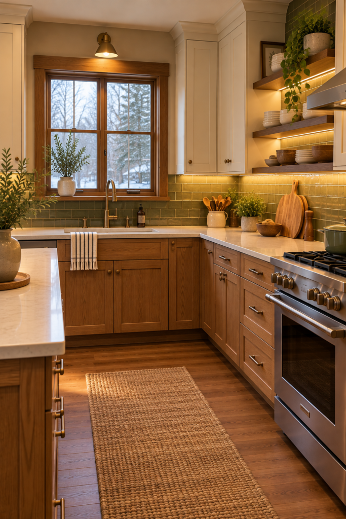 Small Craftsman kitchen with medium wood lower cabinets, light upper cabinets, stained trim, and a simple backsplash.